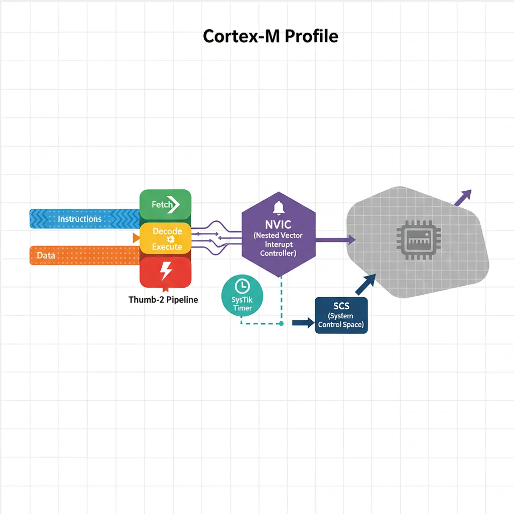 Cortex-M processor profile architecture showing Harvard bus, Thumb-2 pipeline, NVIC, and System Control Space