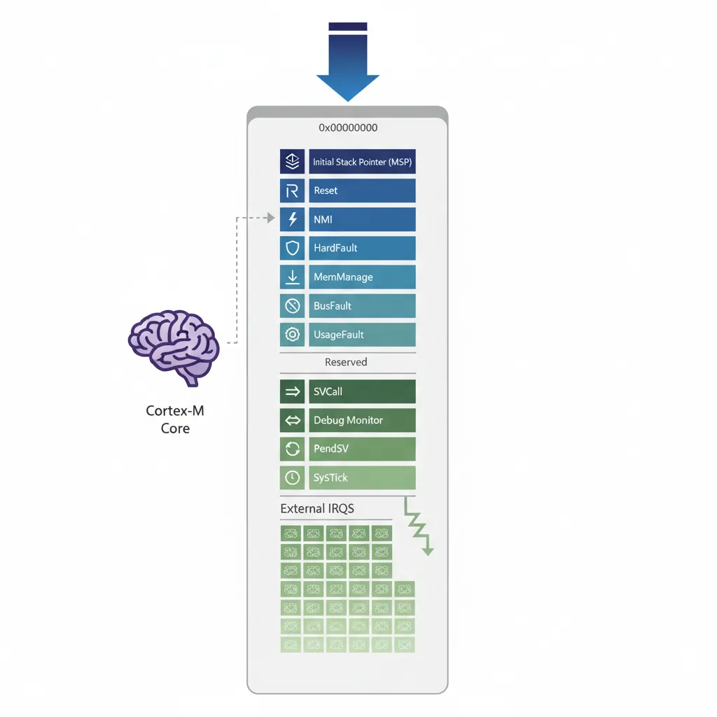 Cortex-M vector table memory layout showing initial SP, reset handler, and exception entries