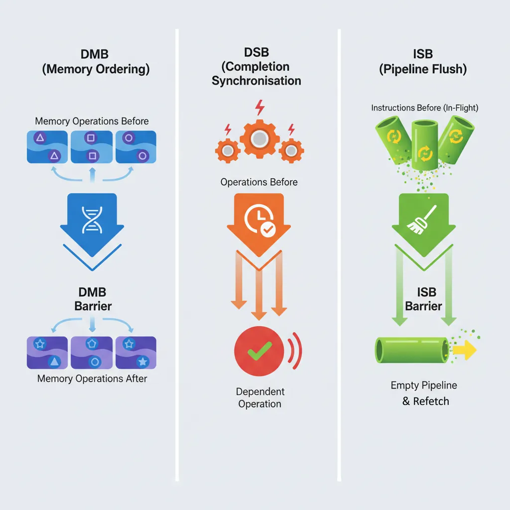 DMB, DSB, and ISB barrier instructions compared showing memory ordering versus pipeline effects