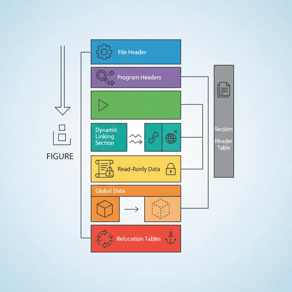 ELF binary section layout showing .text, .plt, .got, .rodata, .data, .bss segments