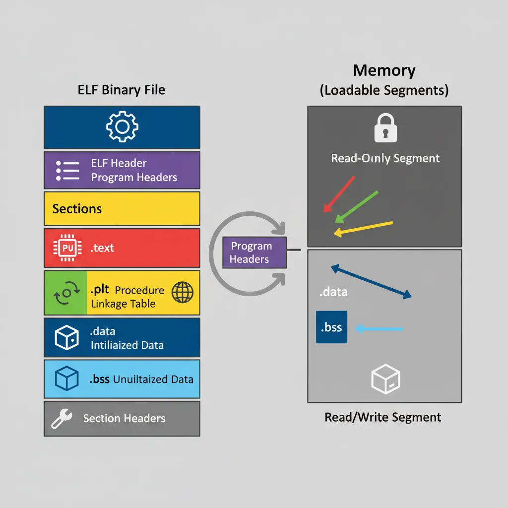 ELF binary section layout showing .text, .data, .bss, and .got segments