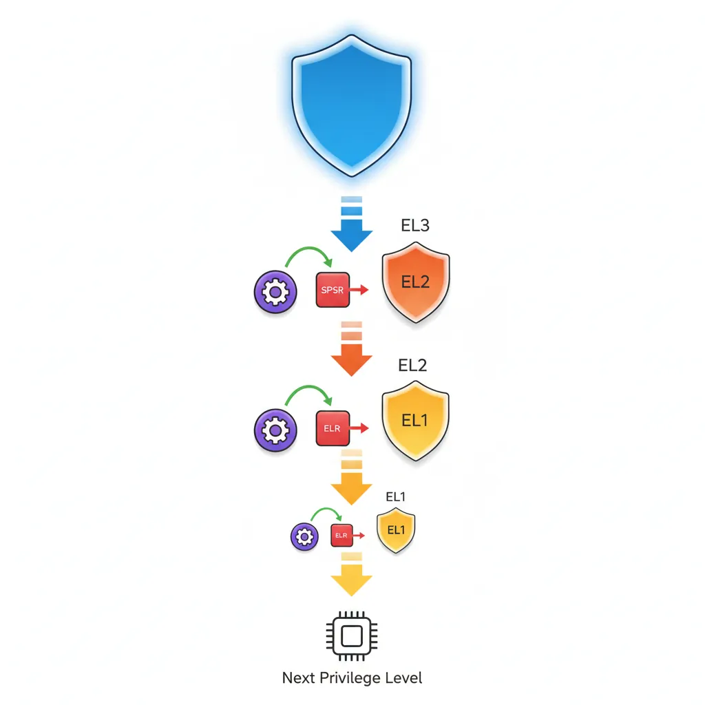 ERET chain showing exception level transitions from EL3 to EL2 to EL1