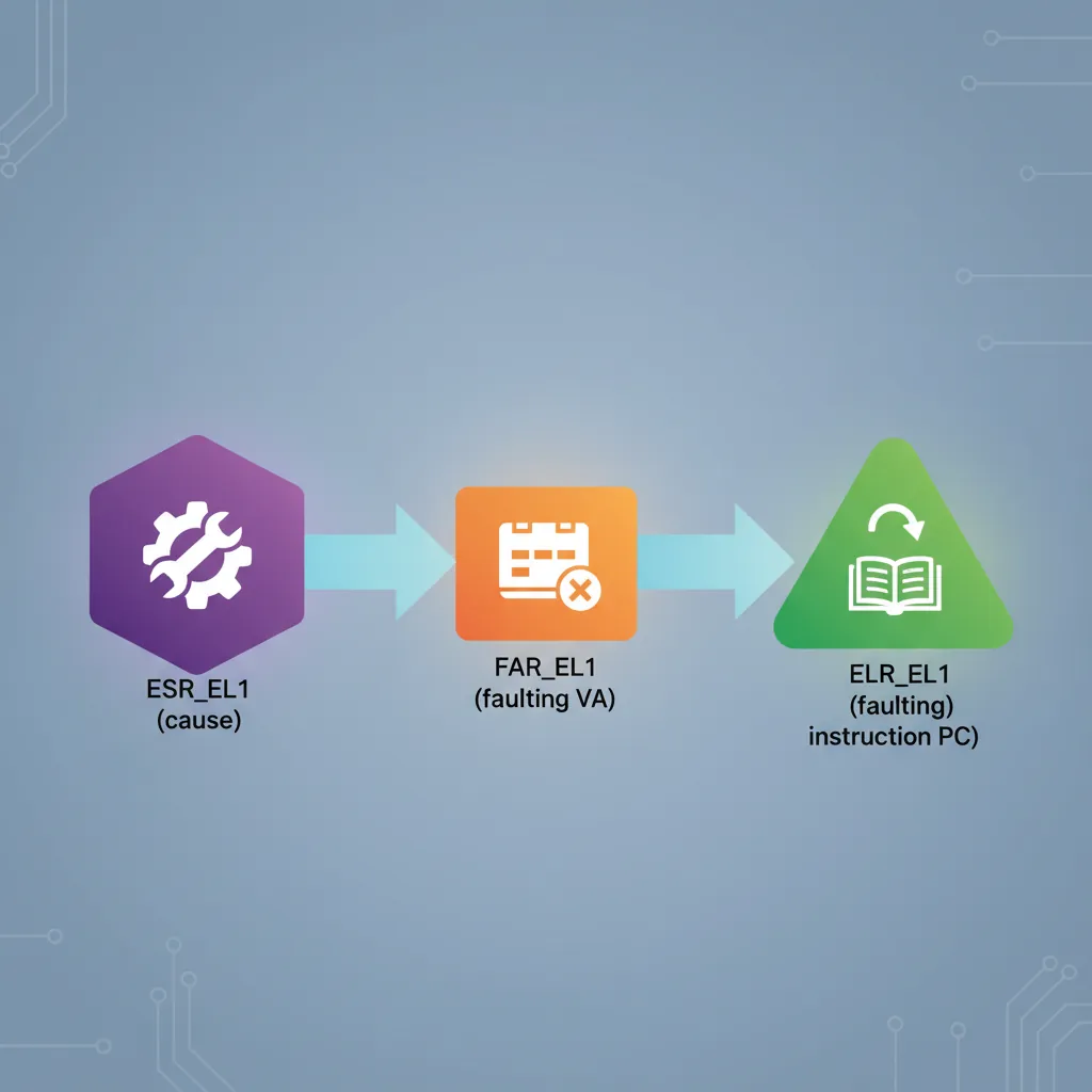 Fault debugging register flow showing ESR_EL1, FAR_EL1, and ELR_EL1 providing exception cause, faulting address, and return address