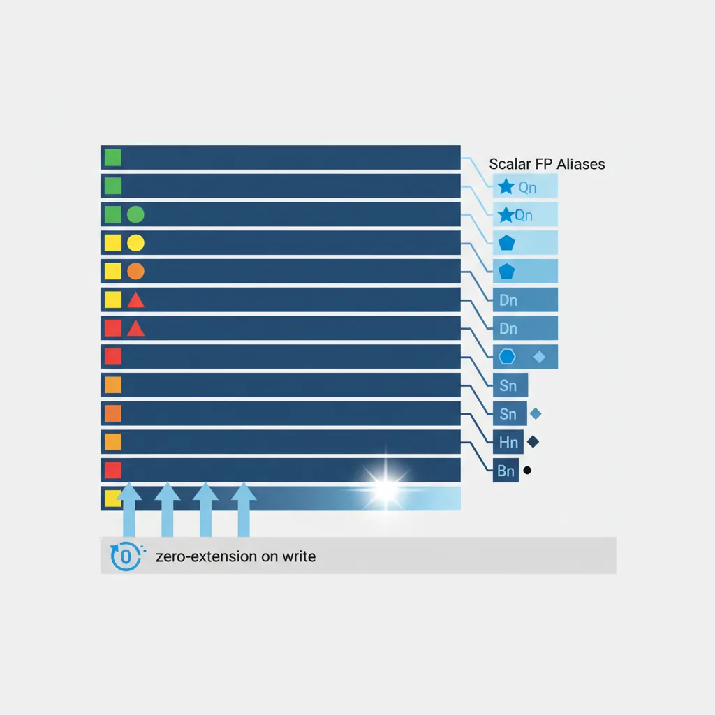 Diagram showing AArch64 V-register file with size-specific aliases (Bn, Hn, Sn, Dn, Qn) and zero-extension behavior