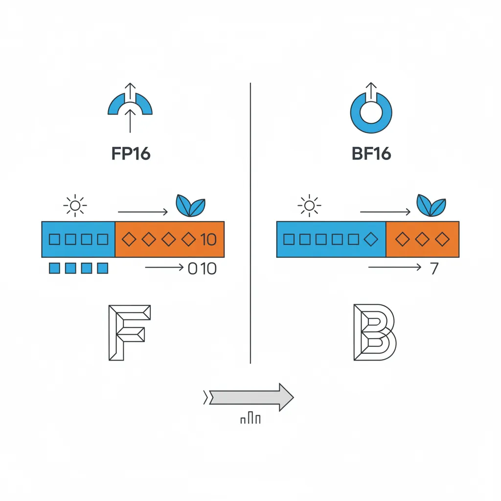 Comparison of IEEE FP16 and BFloat16 bit formats showing exponent and mantissa field widths