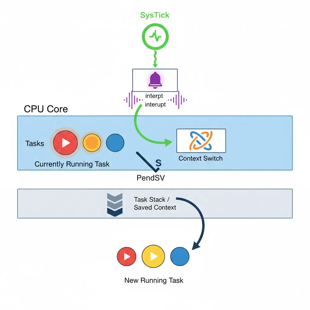 Diagram of FreeRTOS context switch mechanism using SysTick and PendSV on Cortex-M