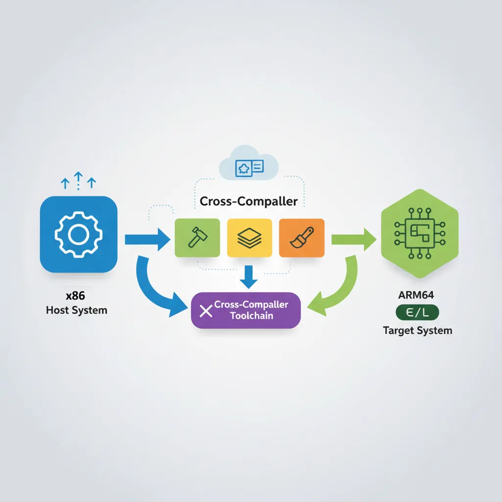 Diagram showing GCC cross-toolchain components and build flow from source to ARM64 binary