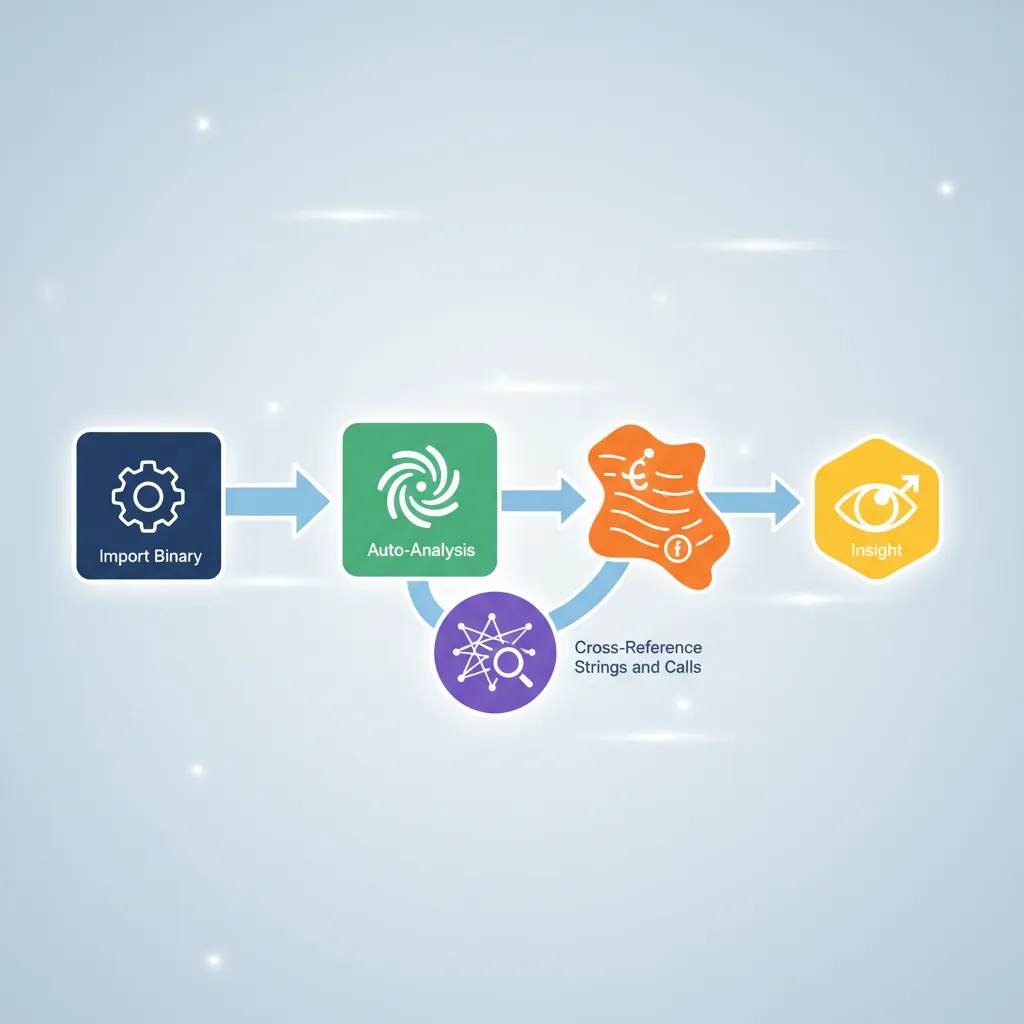 Ghidra ARM64 analysis workflow: import, auto-analysis, decompile, cross-reference, annotate