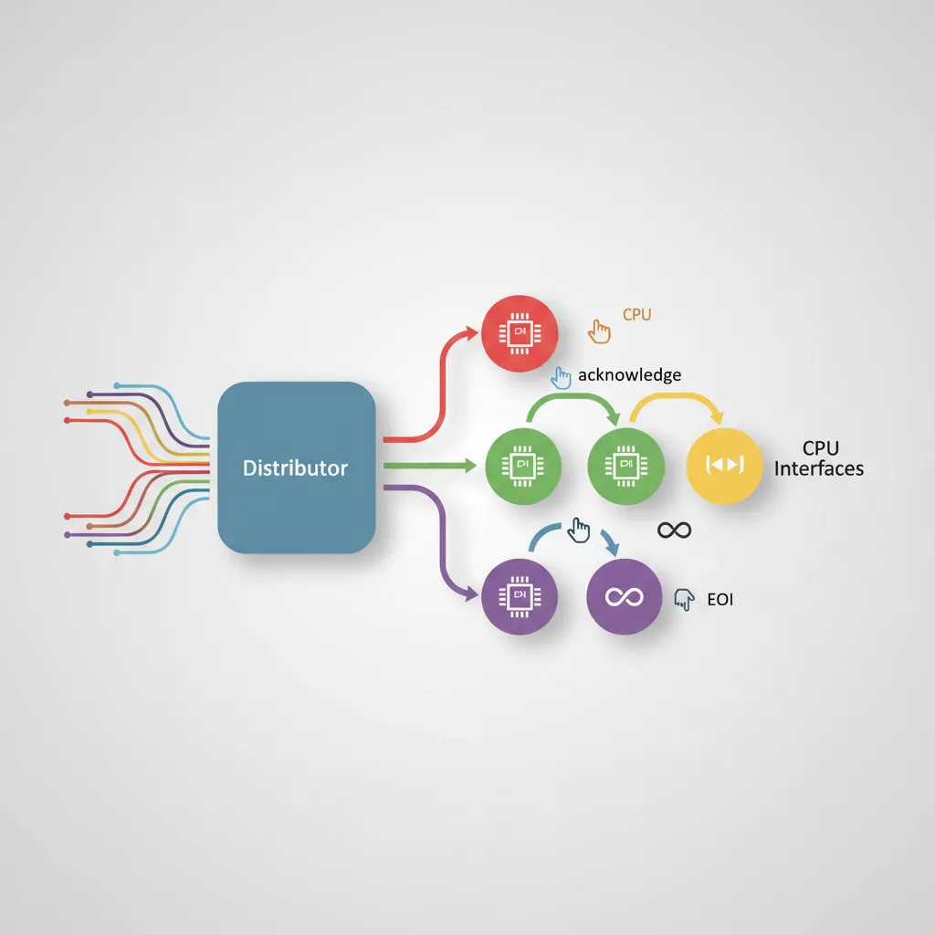 ARM GIC architecture showing Distributor, CPU Interface, interrupt routing, and acknowledge/EOI flow