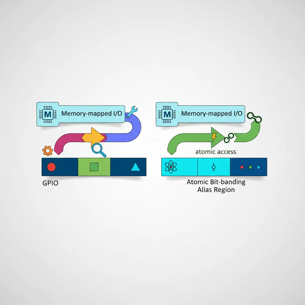 GPIO and MMIO register access flow showing read-modify-write pattern and bit-banding