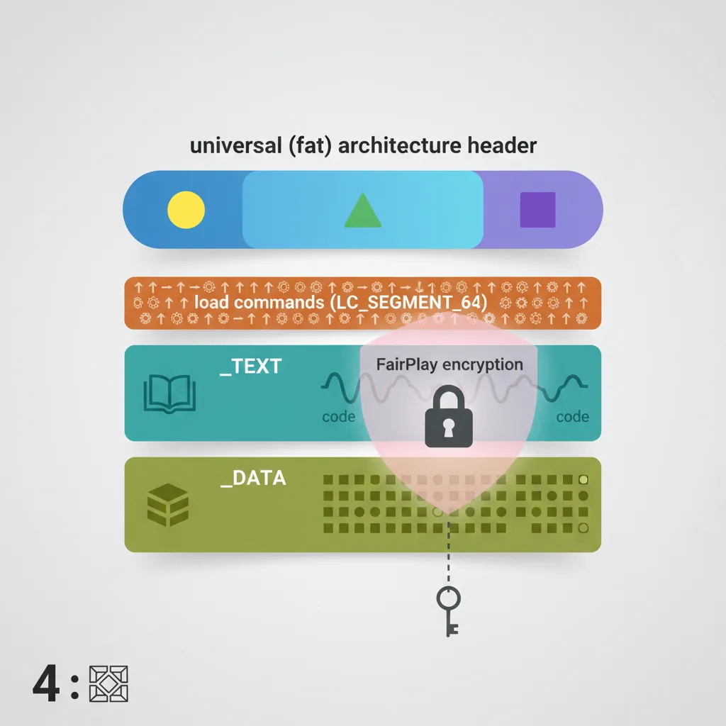 iOS Mach-O binary structure showing load commands, segments, FairPlay encryption, and universal fat headers