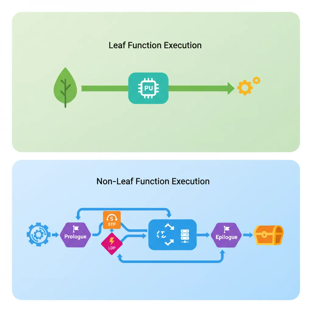 Leaf function versus non-leaf function execution paths showing frame overhead differences