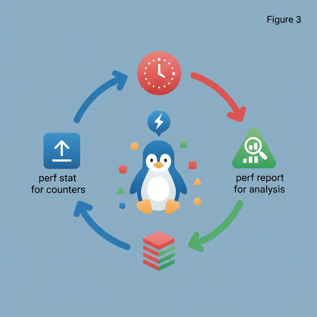 Linux perf workflow showing perf stat, perf record, and perf report pipeline
