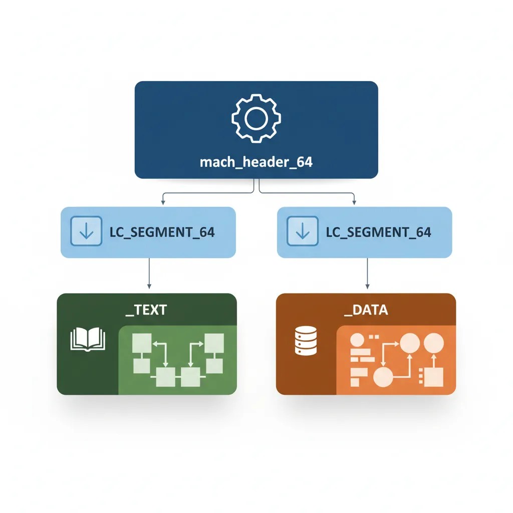 Mach-O binary format showing header, load commands, and segment layout