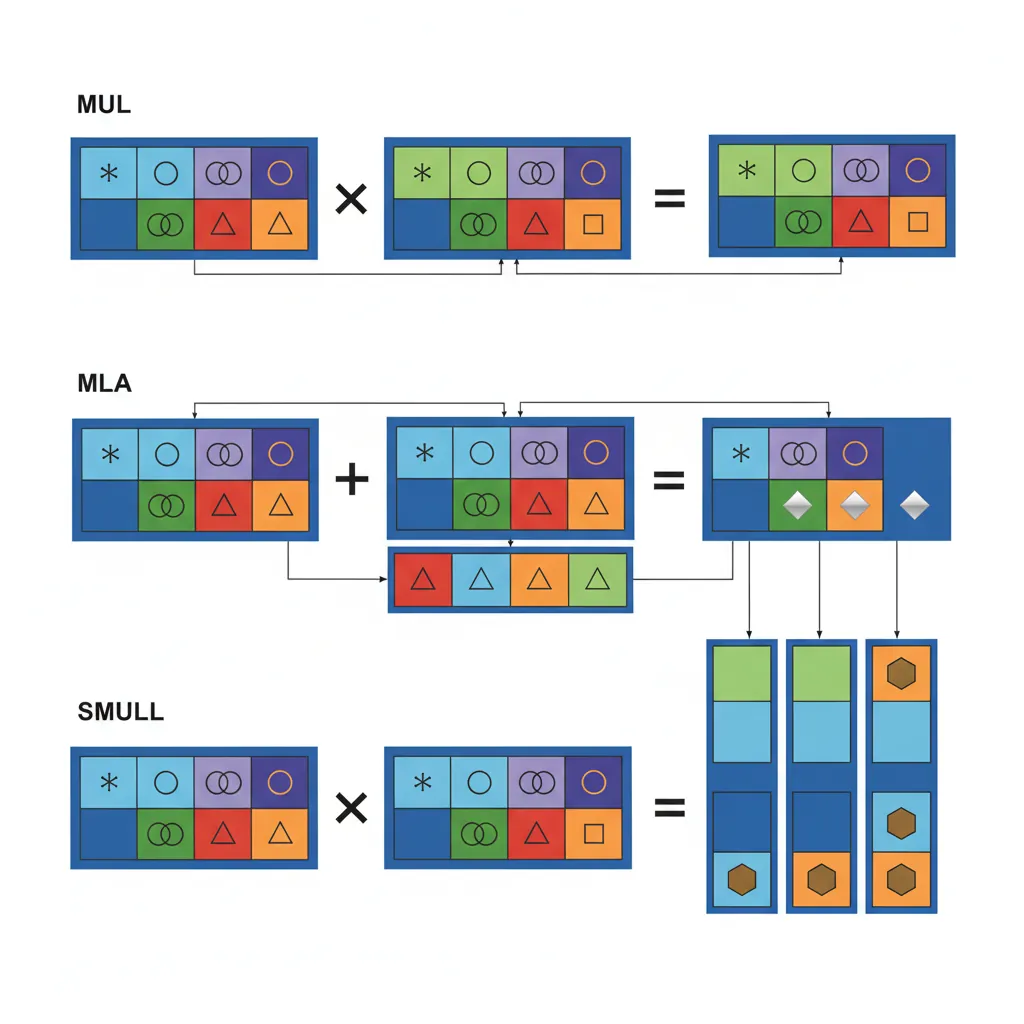 NEON element-wise multiply showing lane-by-lane MUL and MLA accumulate operations