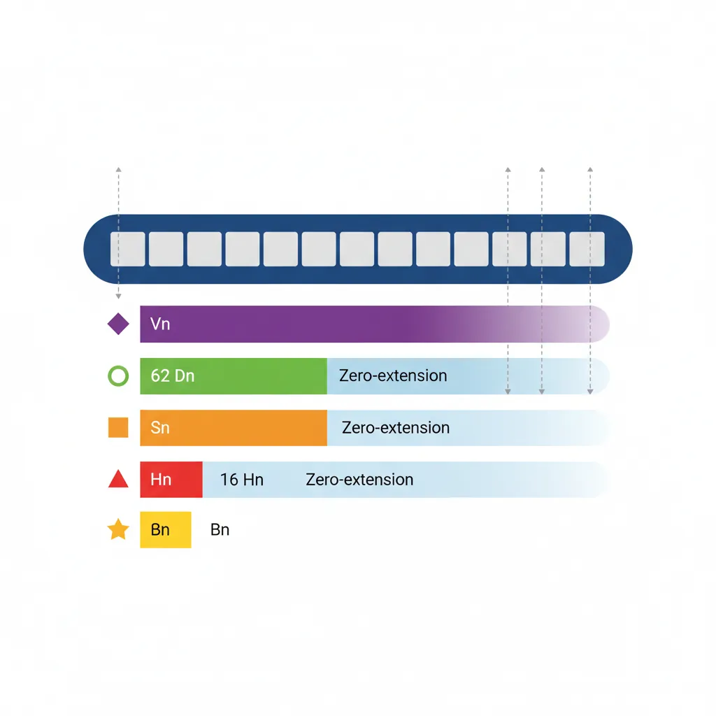 NEON V register aliasing showing Q, D, S, H, and B views of the same 128-bit register
