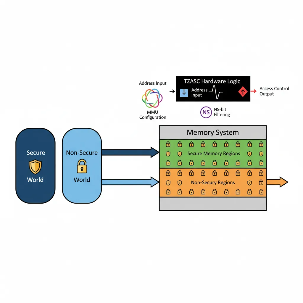 TZASC memory access enforcement diagram showing Secure and Non-Secure regions with NS bit filtering