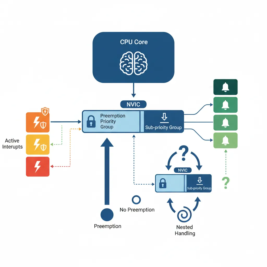 NVIC priority configuration showing group priority, sub-priority, and preemption levels