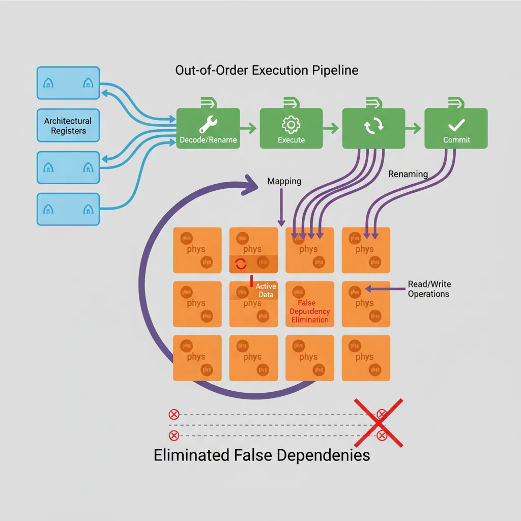 Diagram showing out-of-order execution with register renaming in ARM pipeline