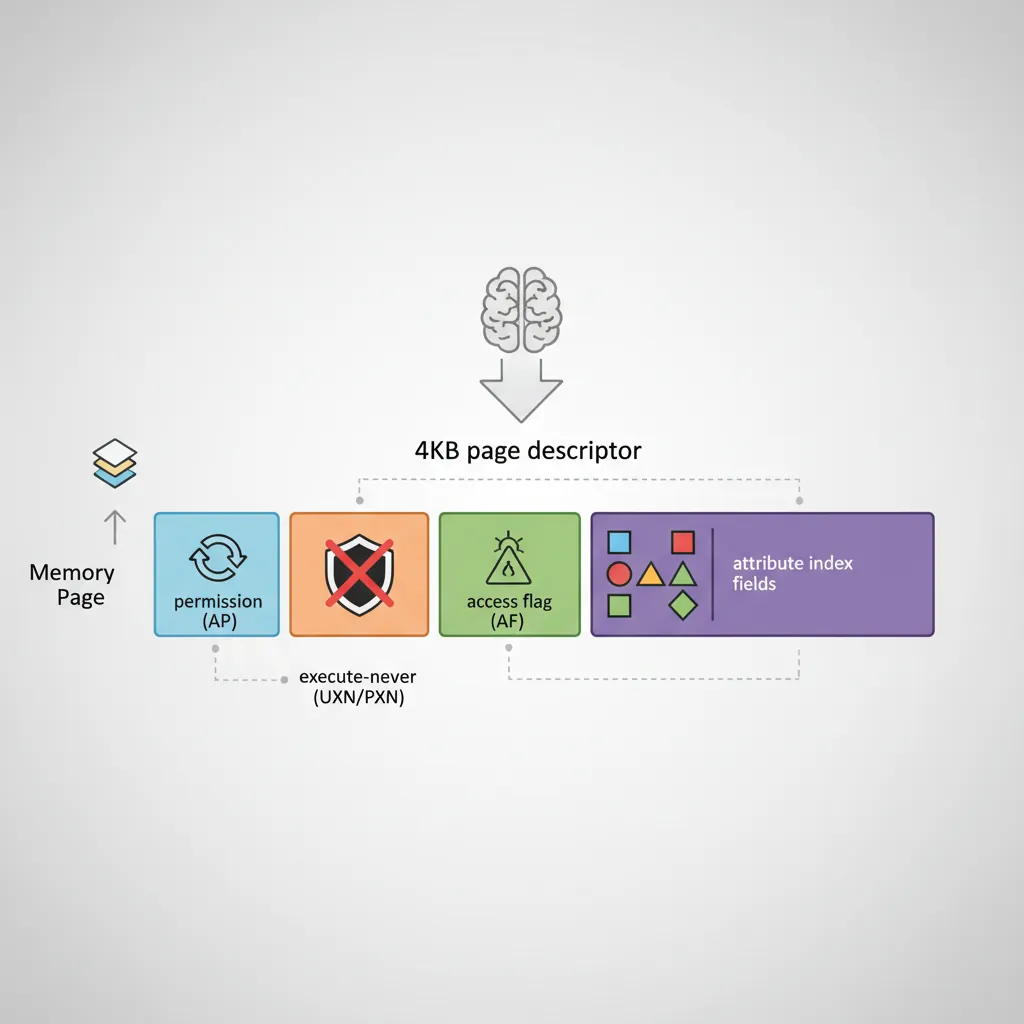 AArch64 page table descriptor bit field layout showing AP, UXN, PXN, AF, SH, and AttrIndx positions