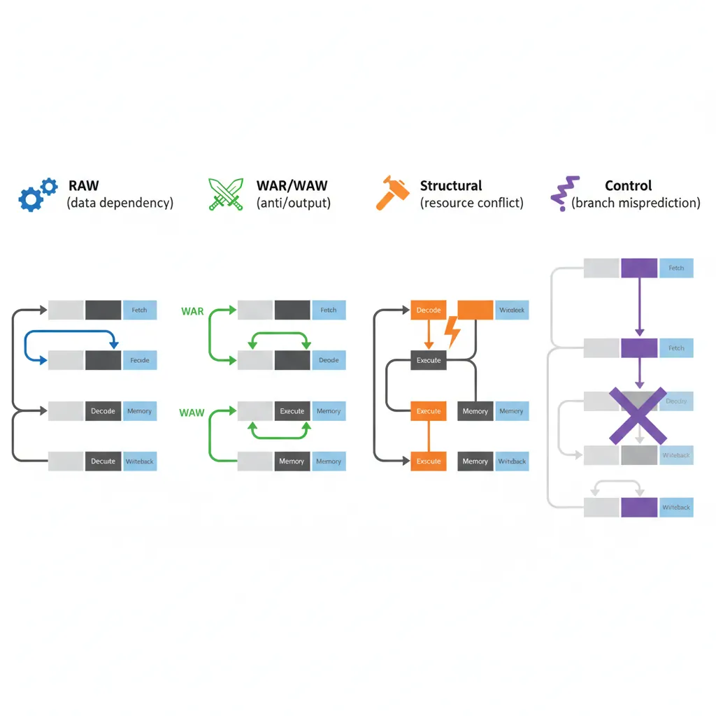 Pipeline hazard classification showing RAW, WAR, WAW, structural, and control hazards