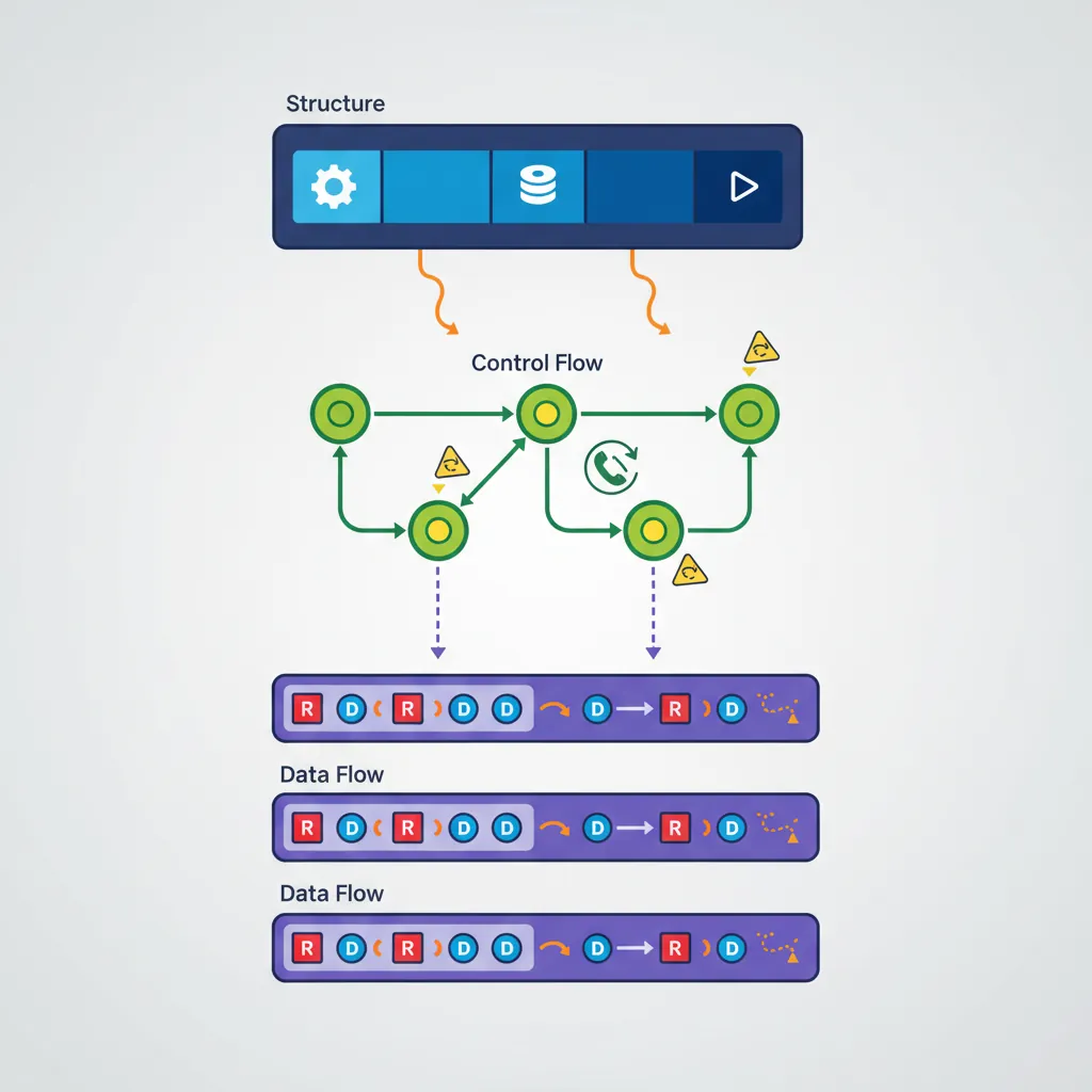 Reverse engineering workflow: structure analysis, control flow recovery, data flow analysis