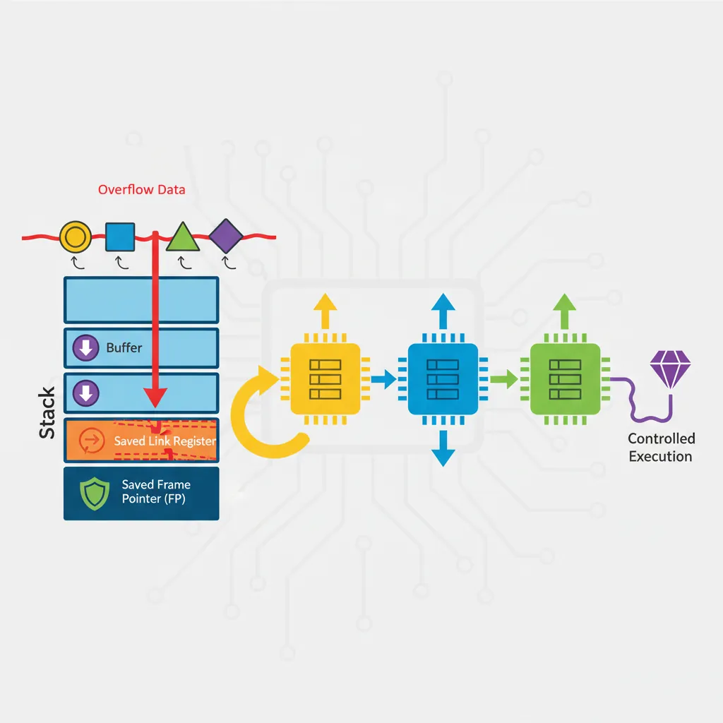 Diagram of ROP chain construction on AArch64 showing stack overflow overwriting saved LR with gadget addresses