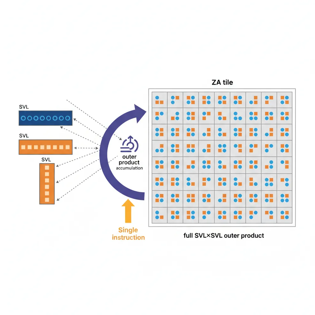 Diagram of SME ZA tile register performing outer product accumulation with FMOPA instruction