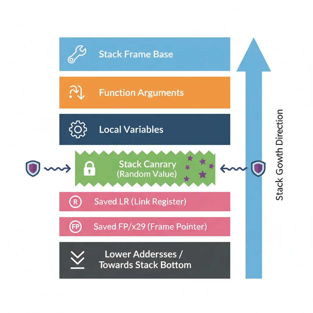 Diagram of stack frame layout with canary placement between local buffer and saved frame pointer on AArch64