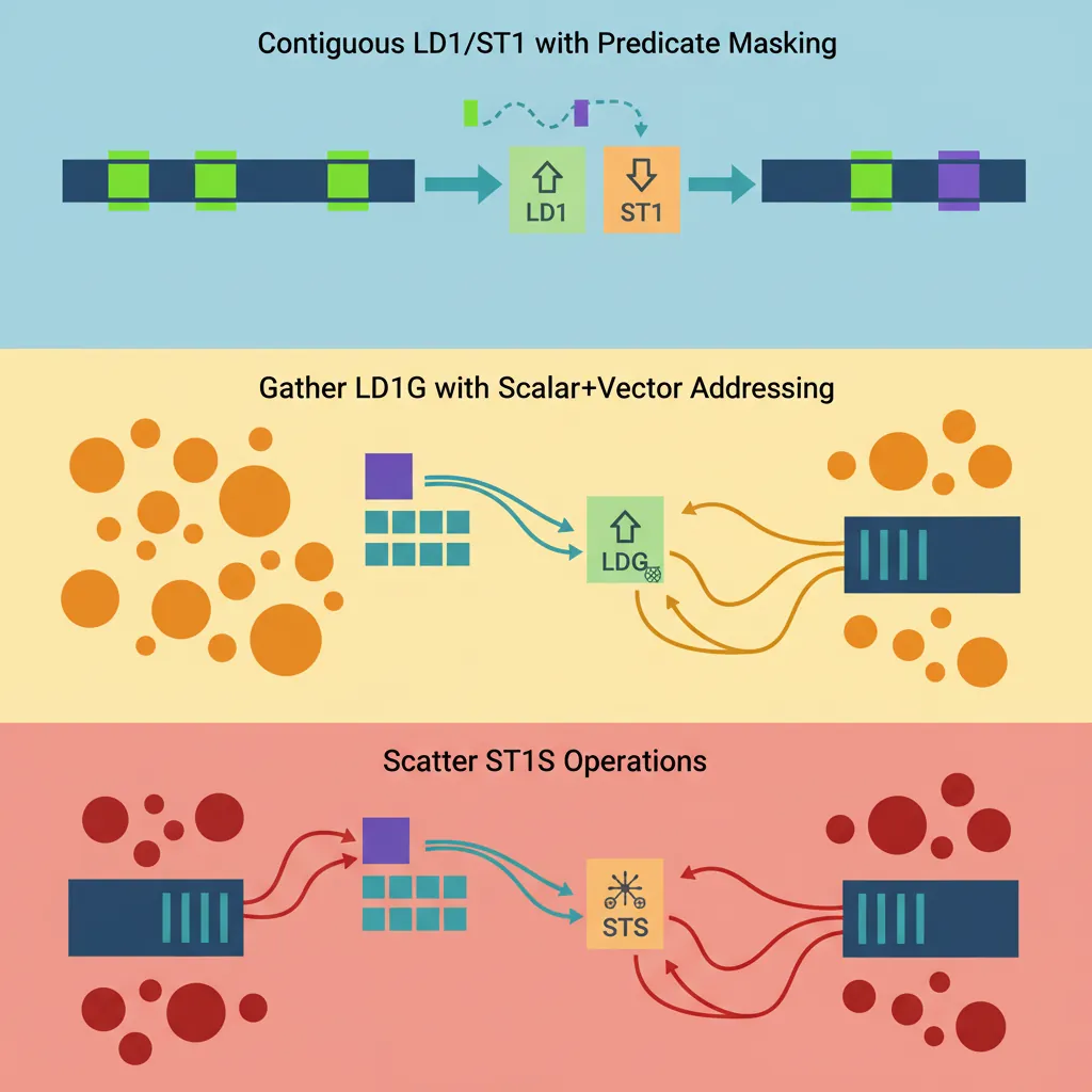 SVE contiguous, gather, and scatter memory access patterns with predicate masking