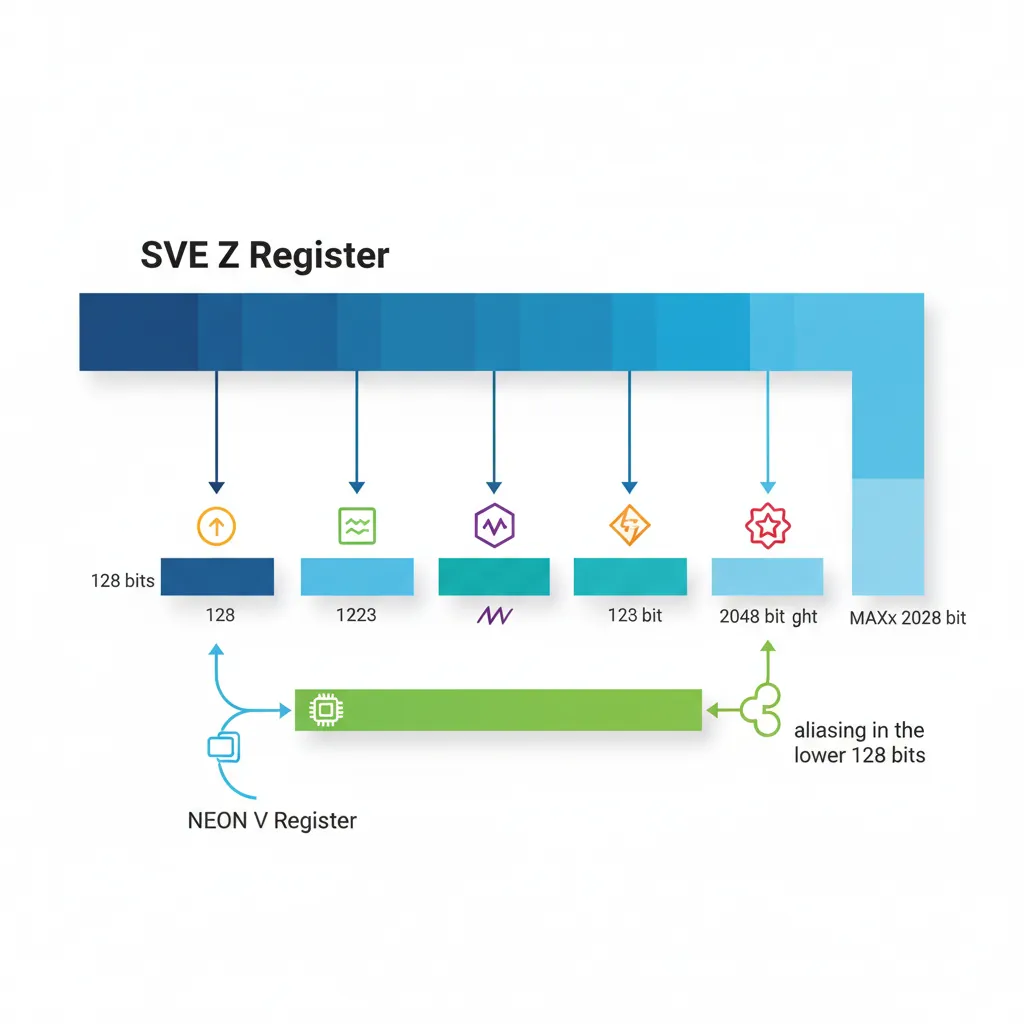 SVE Z register scalable width showing 128-bit to 2048-bit vector length with lane arrangements