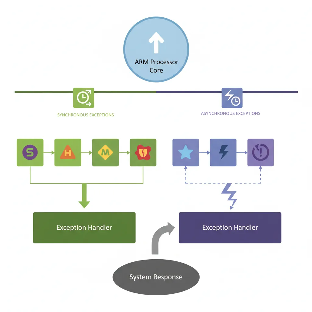 Classification of ARM synchronous and asynchronous exception types including SVC, HVC, SMC, IRQ, FIQ, and SError