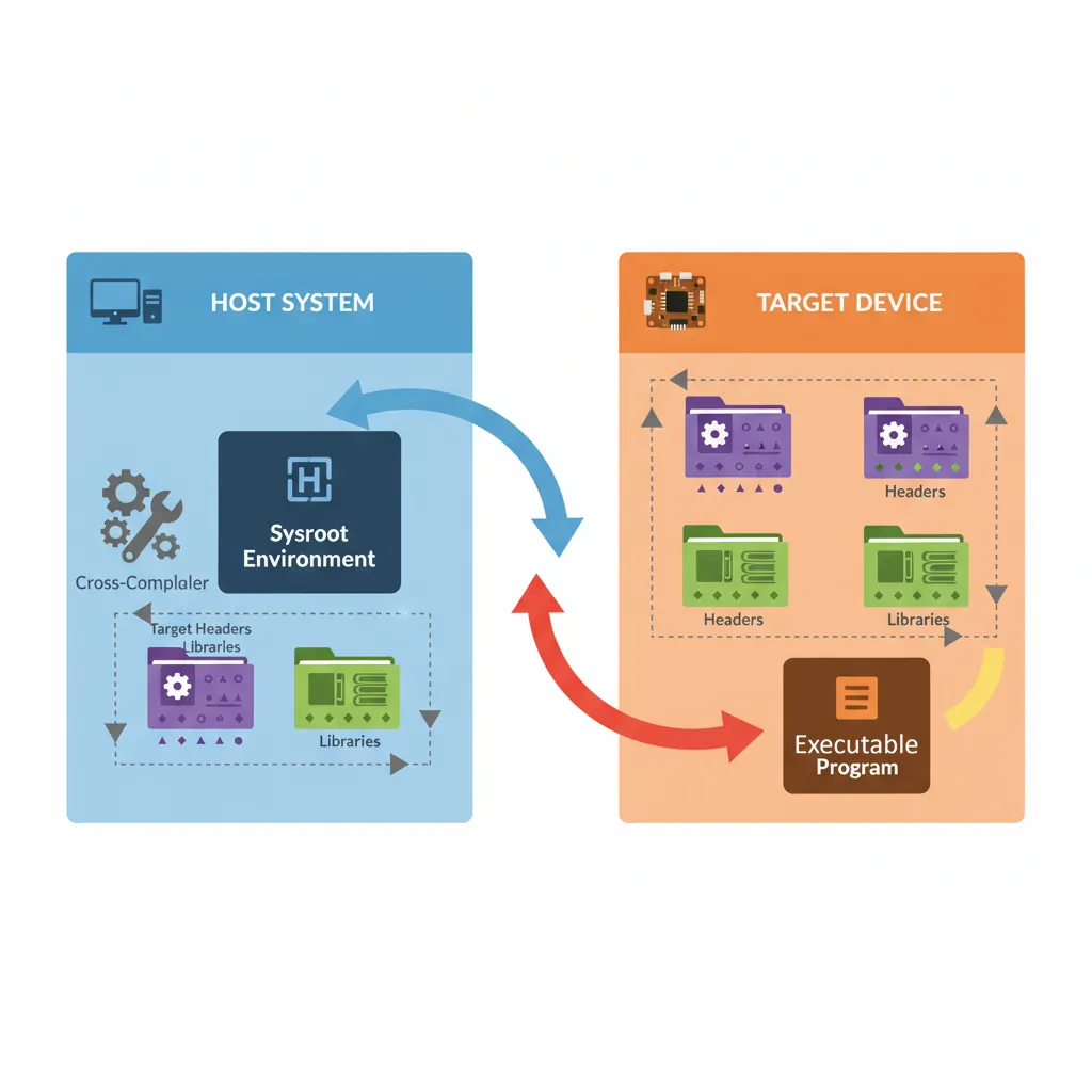 Diagram of sysroot directory structure showing headers, libraries, and ABI components for cross-compilation