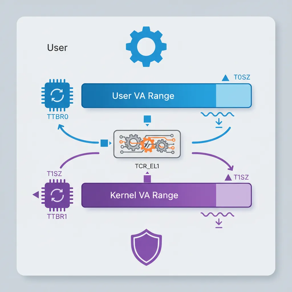 TCR_EL1 T0SZ/T1SZ address space split showing TTBR0 user range and TTBR1 kernel range