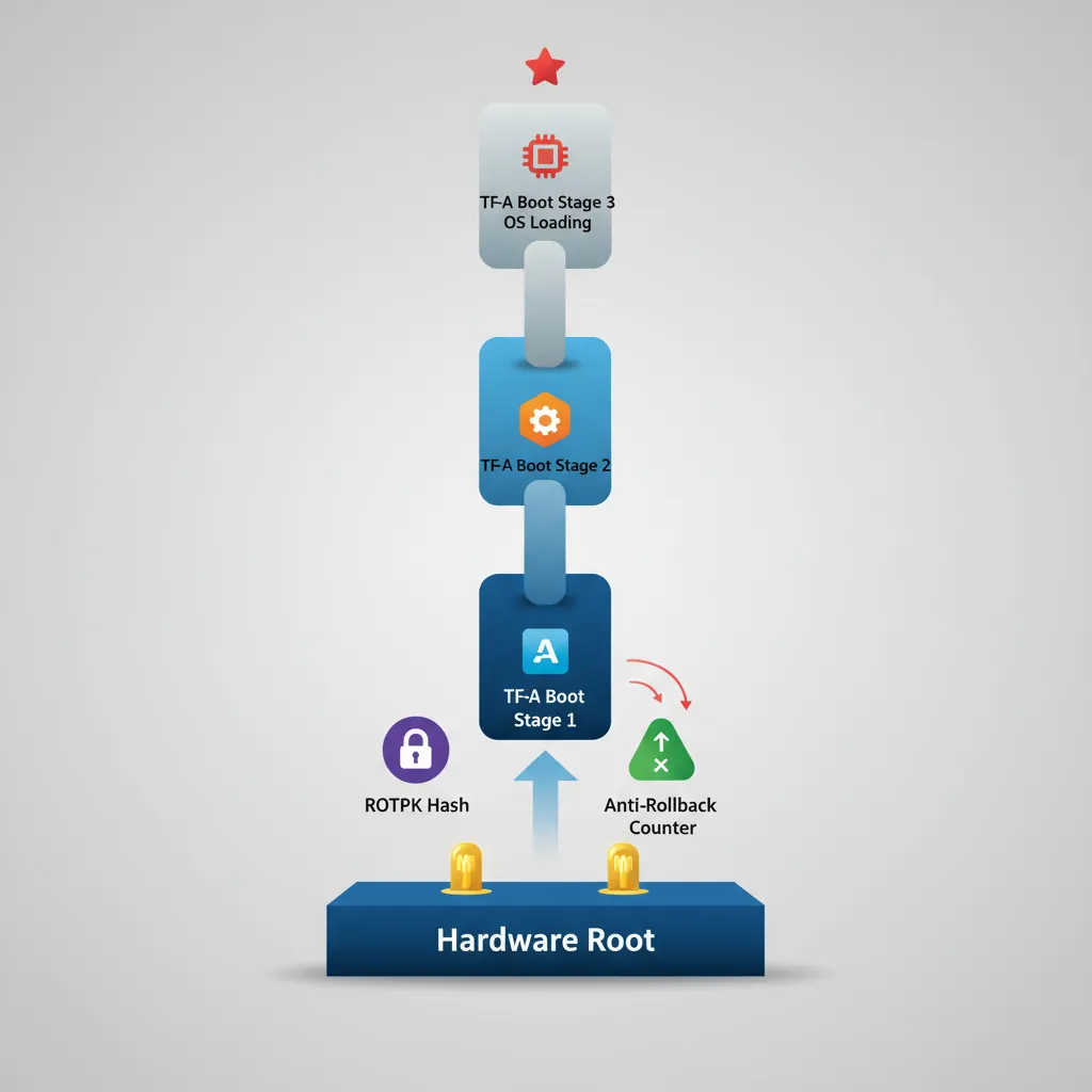 Hardware Root of Trust chain showing OTP fuses, ROTPK verification, anti-rollback counters, and certificate chain