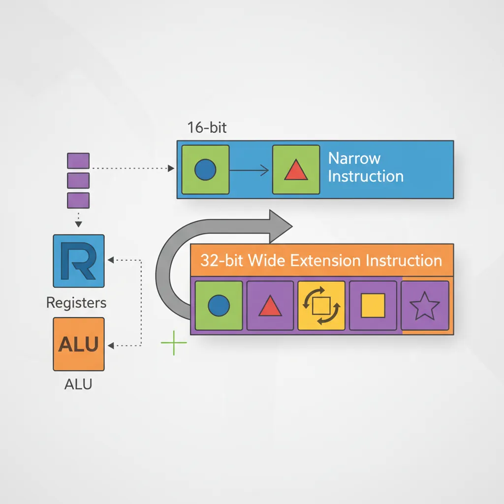 Thumb-2 instruction encoding comparison showing 16-bit narrow and 32-bit wide formats