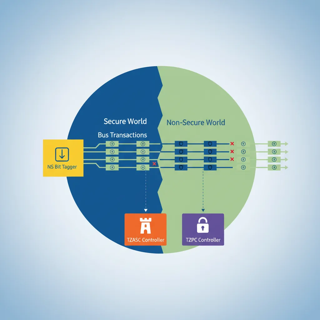 TrustZone architecture showing Secure and Non-Secure worlds with NS bit on bus transactions
