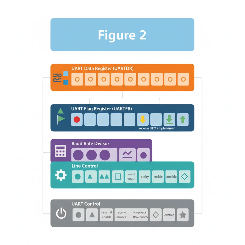 PL011 UART register layout showing UARTDR, UARTFR, UARTIBRD, UARTLCR_H, and UARTCR
