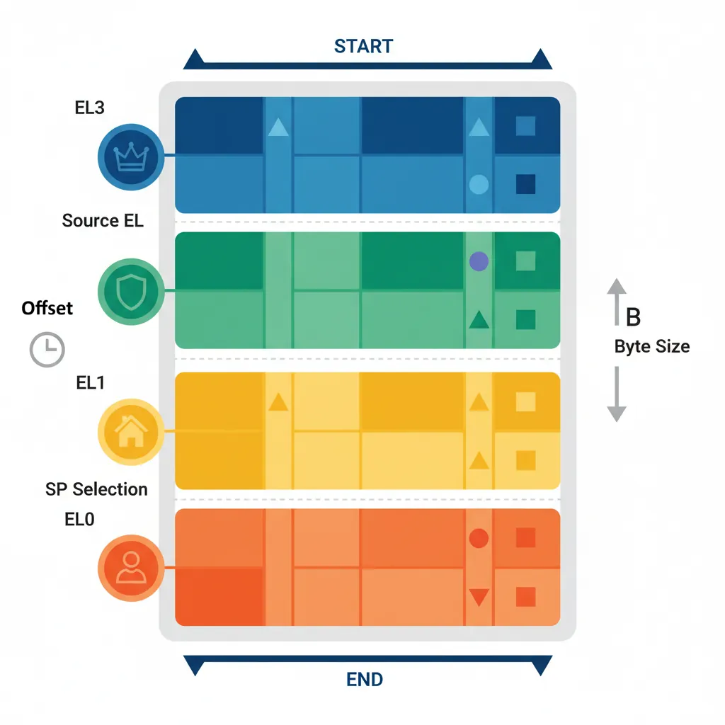 AArch64 vector table layout showing 16 entries organized by source exception level and stack pointer selection