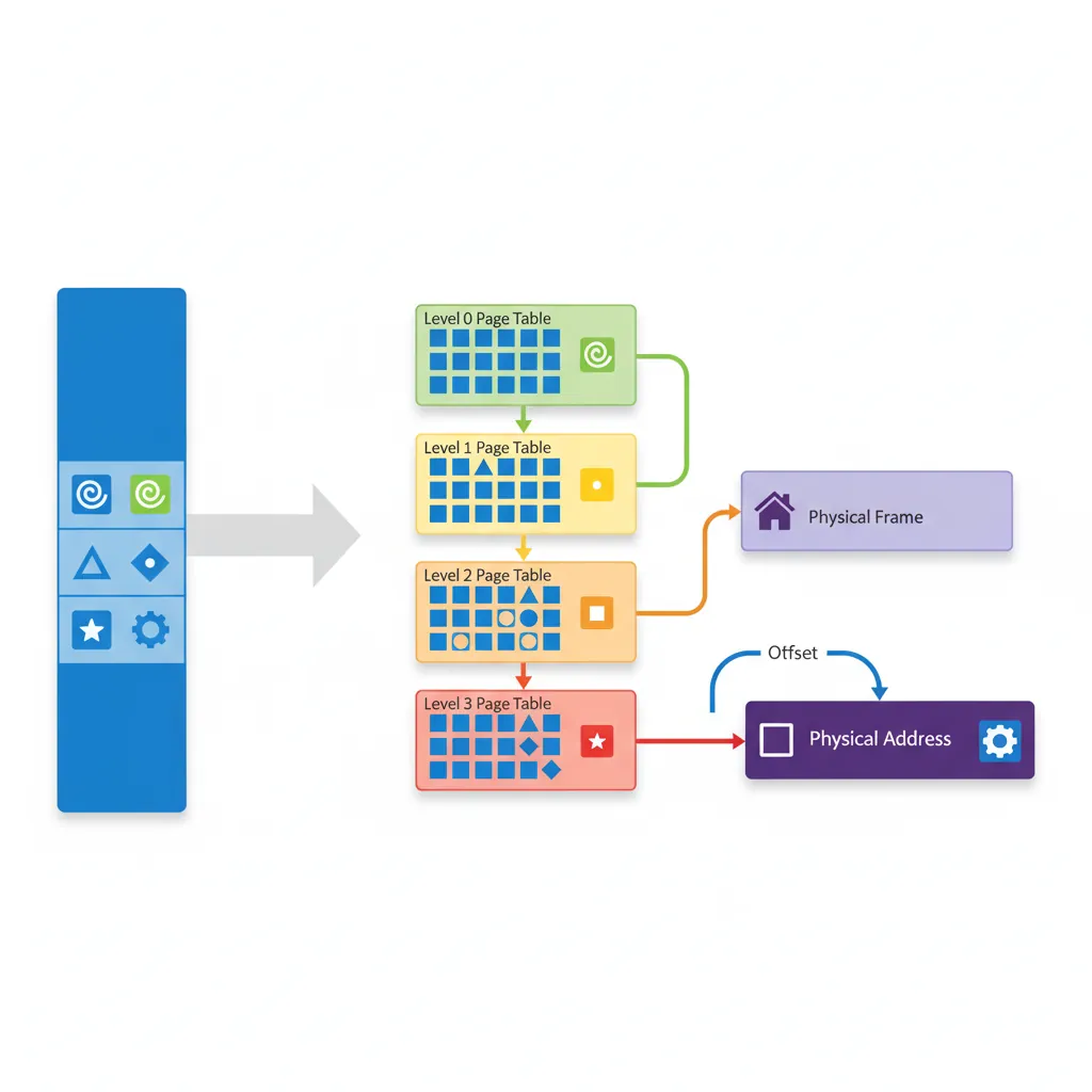 Multi-level page table walk diagram showing L0 through L3 translation from virtual address to physical address