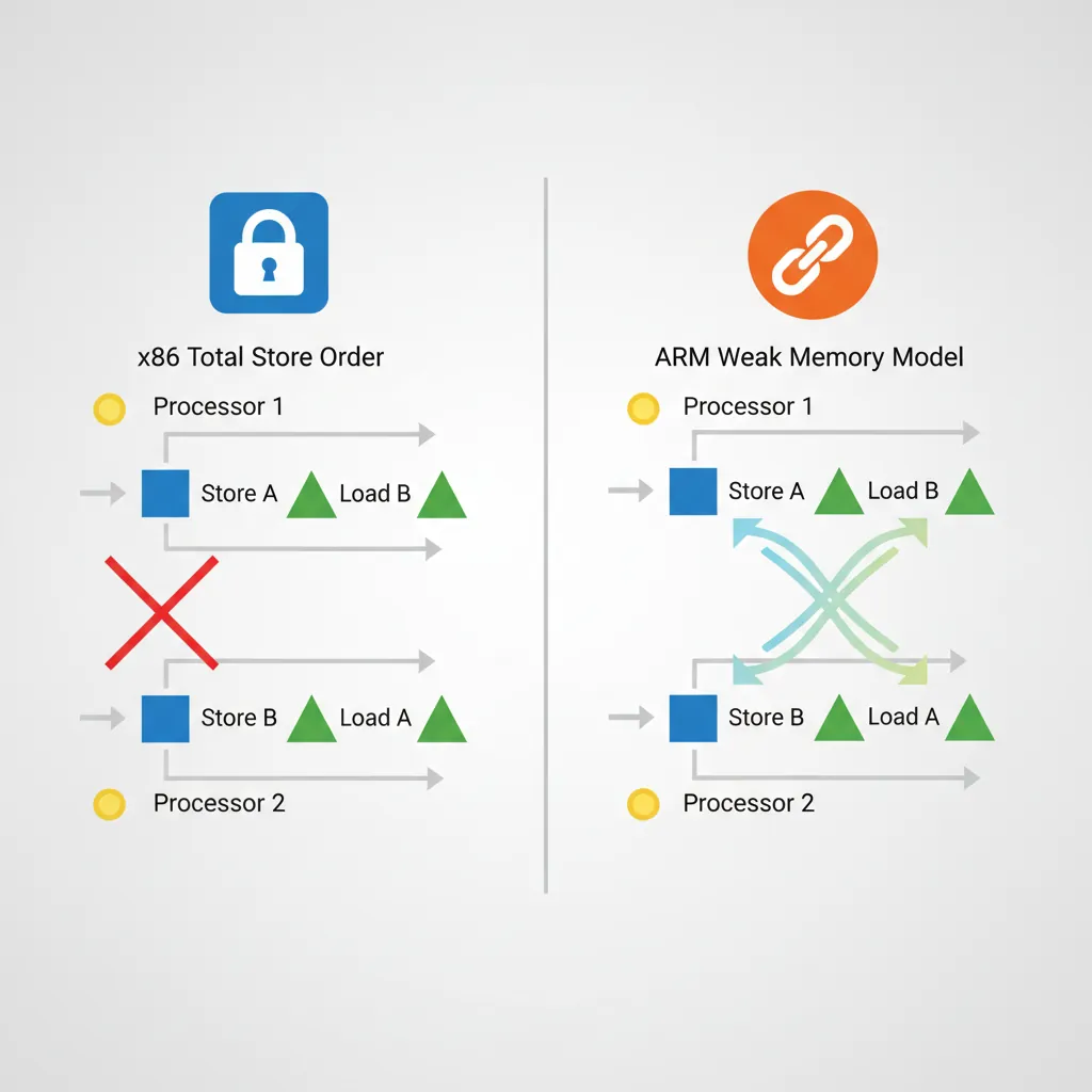 Comparison of x86 Total Store Order versus ARM weak memory model reordering rules