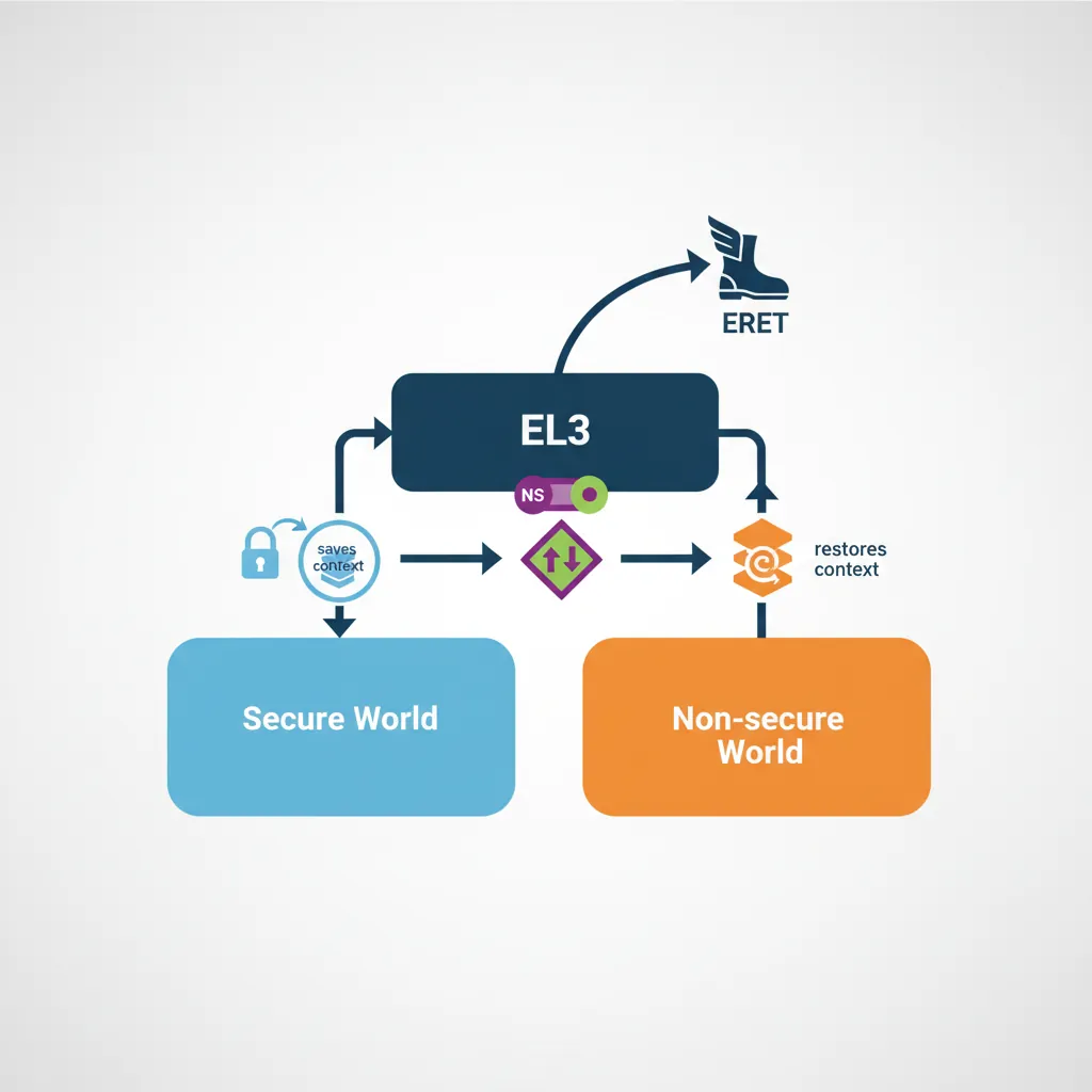 World switch sequence diagram showing context save, SCR_EL3.NS toggle, context restore, and ERET between Secure and Non-Secure worlds