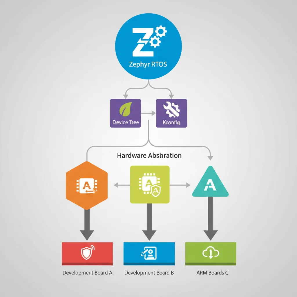 Diagram of Zephyr RTOS hardware abstraction layers with Device Tree and Kconfig