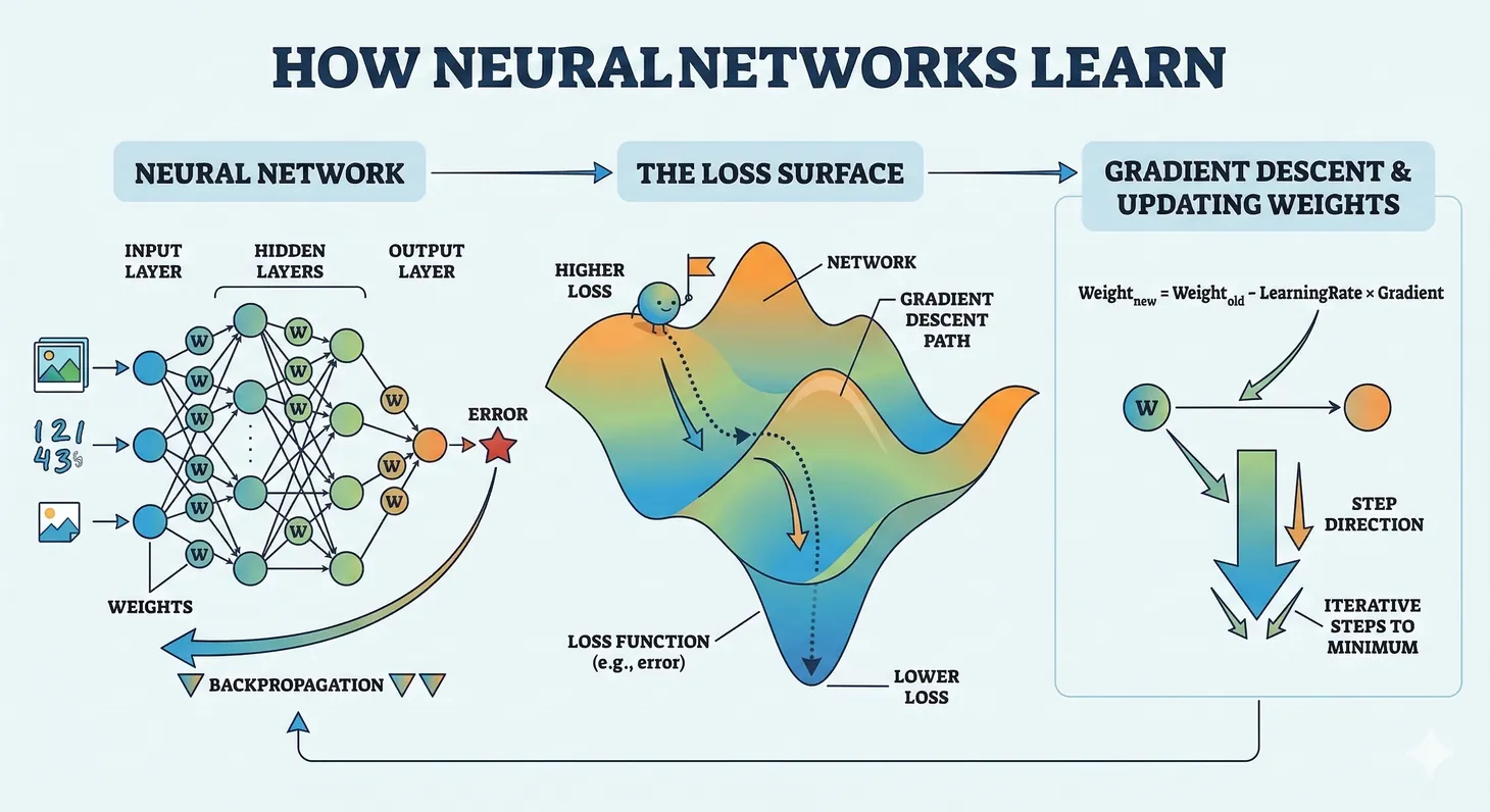 Backpropagation and gradient descent showing loss surface optimization