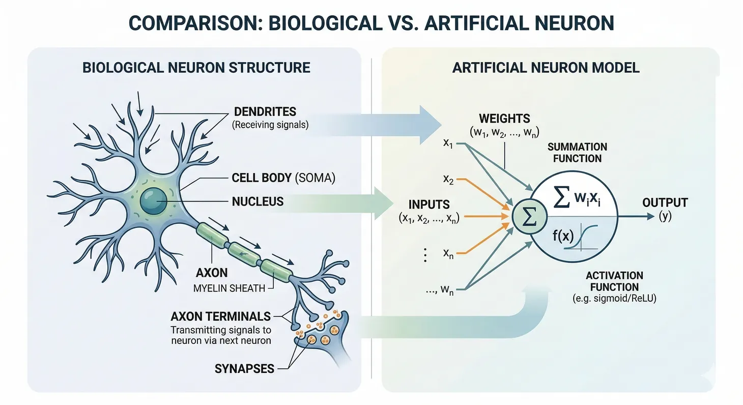 Comparison of biological neuron structure and artificial neuron model