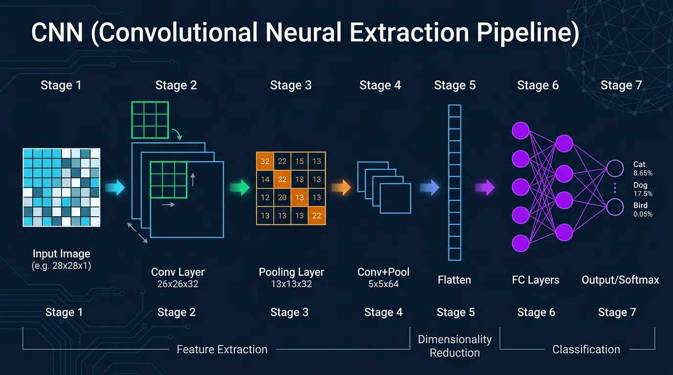 CNN architecture showing convolution, pooling, and fully connected layers processing an image