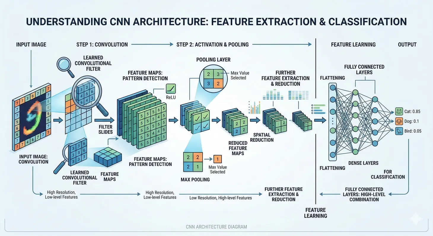 CNN architecture with convolutional filters, feature maps, and pooling layers