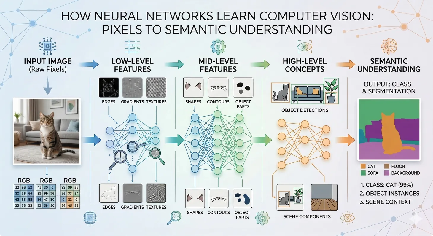 Computer vision pipeline from raw pixels to semantic understanding