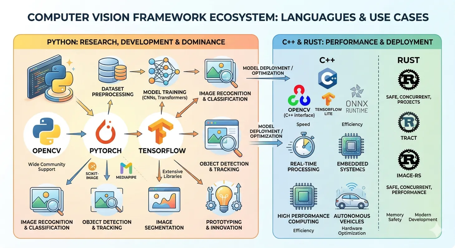 Computer vision framework ecosystem organized by language and use case