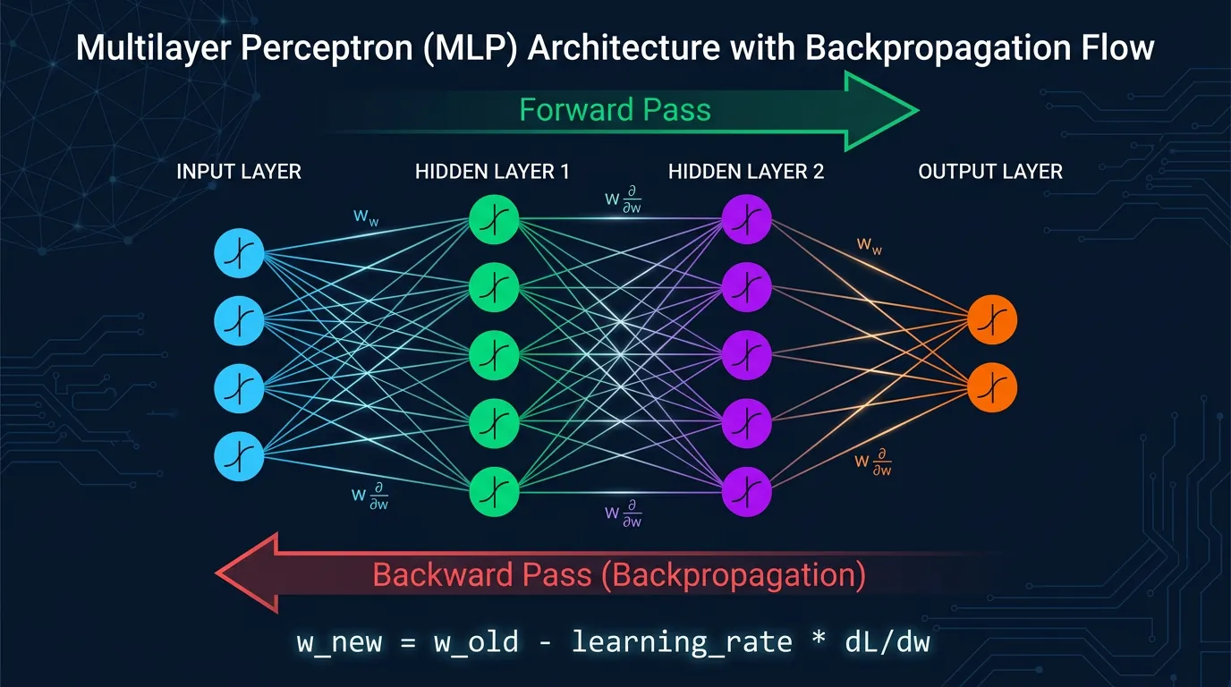 Multilayer perceptron architecture showing input, hidden, and output layers with backpropagation